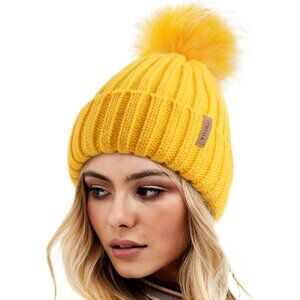 Women's Yellow Winter Warm Knitted Beanie Faux Fur Pom Skull Style Hat Cap